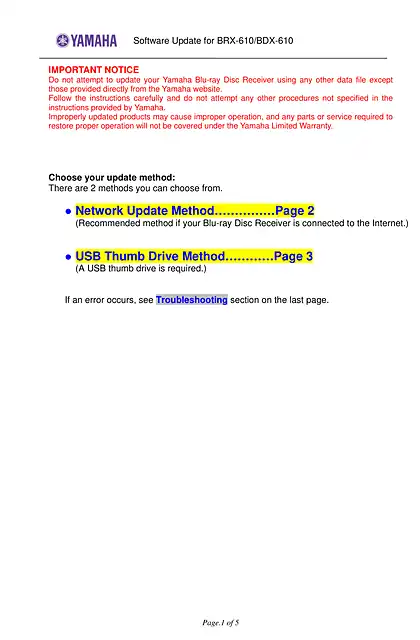yamaha雅马哈BRX-610_BDX-610 Software Update Version 1.43-12-0044-0203_Installation_Manual